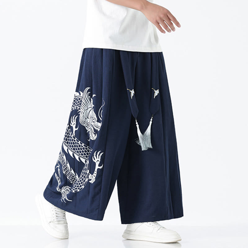 Buddha Stones Summer Dragon Drawstring Design Cotton Ankle-Length Men's Wide Leg Pants With Pockets - SteelBlue - US/UK/AU42，EU52 (3XL) - image 0