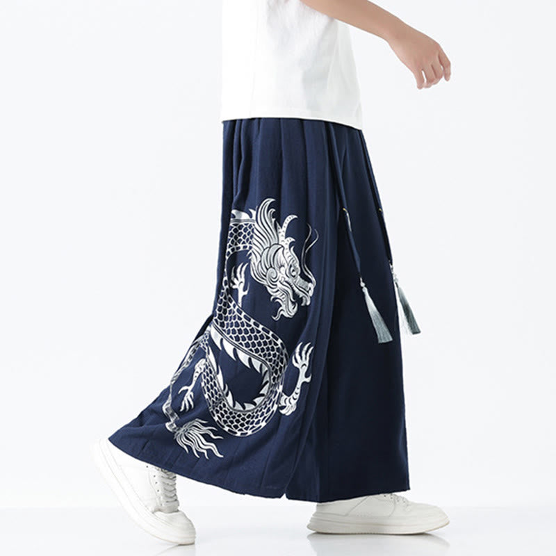 Buddha Stones Summer Dragon Drawstring Design Cotton Ankle-Length Men's Wide Leg Pants With Pockets - image 2