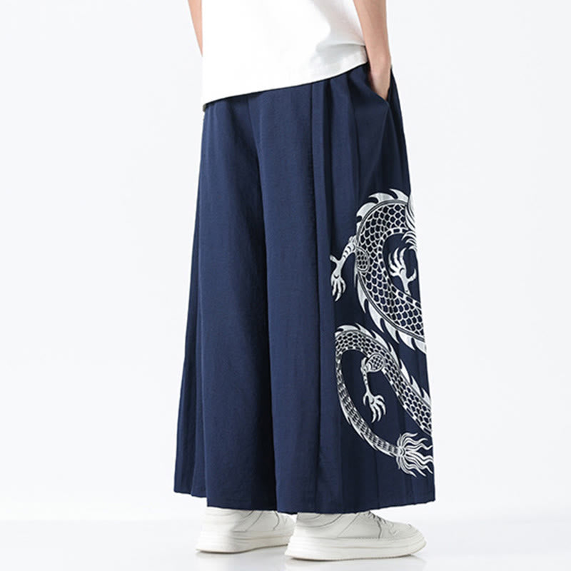 Buddha Stones Summer Dragon Drawstring Design Cotton Ankle-Length Men's Wide Leg Pants With Pockets - image 3