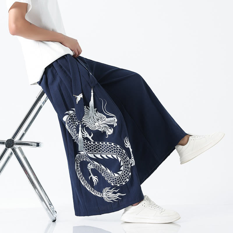 Buddha Stones Summer Dragon Drawstring Design Cotton Ankle-Length Men's Wide Leg Pants With Pockets - image 7