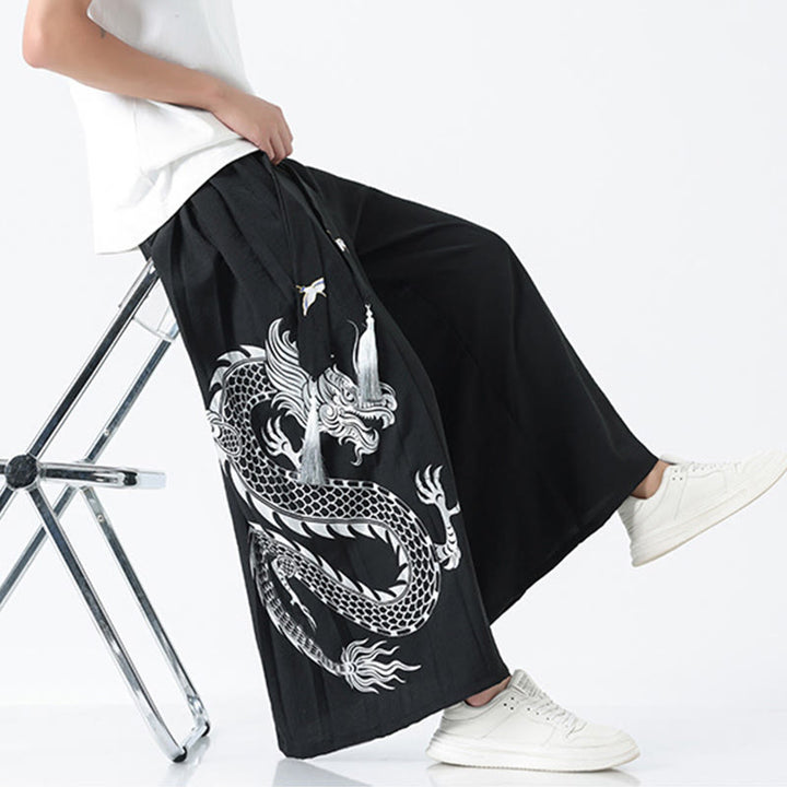 Buddha Stones Summer Dragon Drawstring Design Cotton Ankle-Length Men's Wide Leg Pants With Pockets - image 14