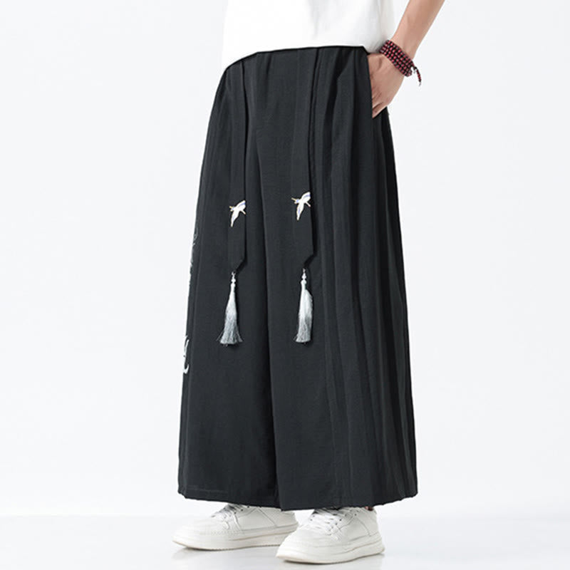 Buddha Stones Summer Dragon Drawstring Design Cotton Ankle-Length Men's Wide Leg Pants With Pockets - image 13