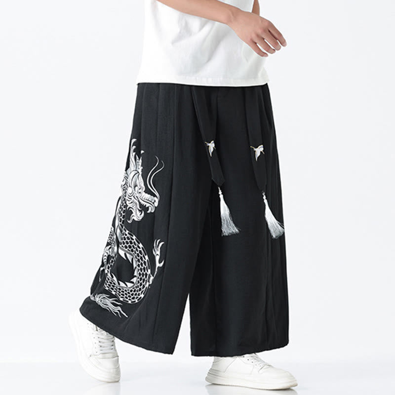 Buddha Stones Summer Dragon Drawstring Design Cotton Ankle-Length Men's Wide Leg Pants With Pockets - image 9