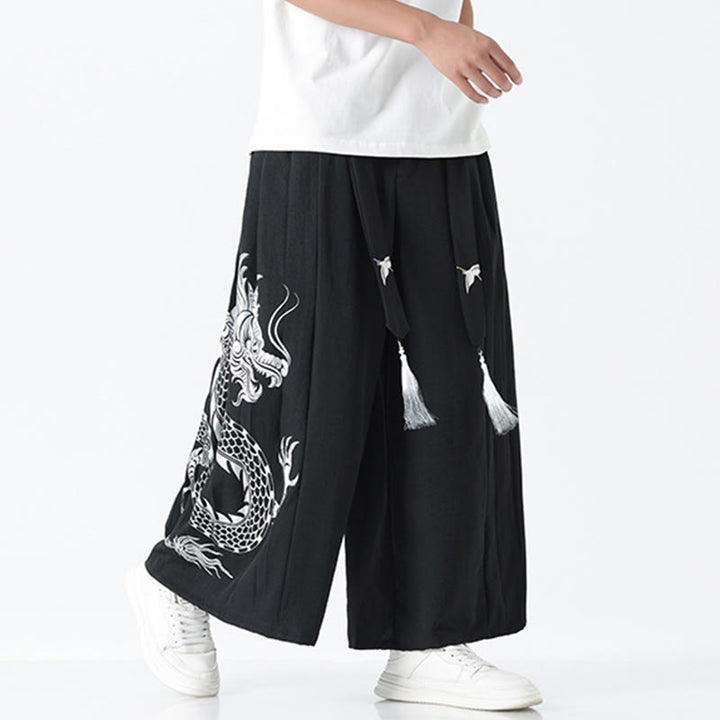Buddha Stones Summer Dragon Drawstring Design Cotton Ankle-Length Men's Wide Leg Pants With Pockets - image 9