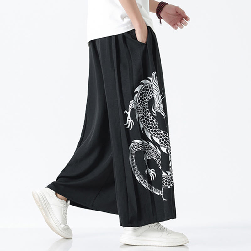 Buddha Stones Summer Dragon Drawstring Design Cotton Ankle-Length Men's Wide Leg Pants With Pockets - image 11