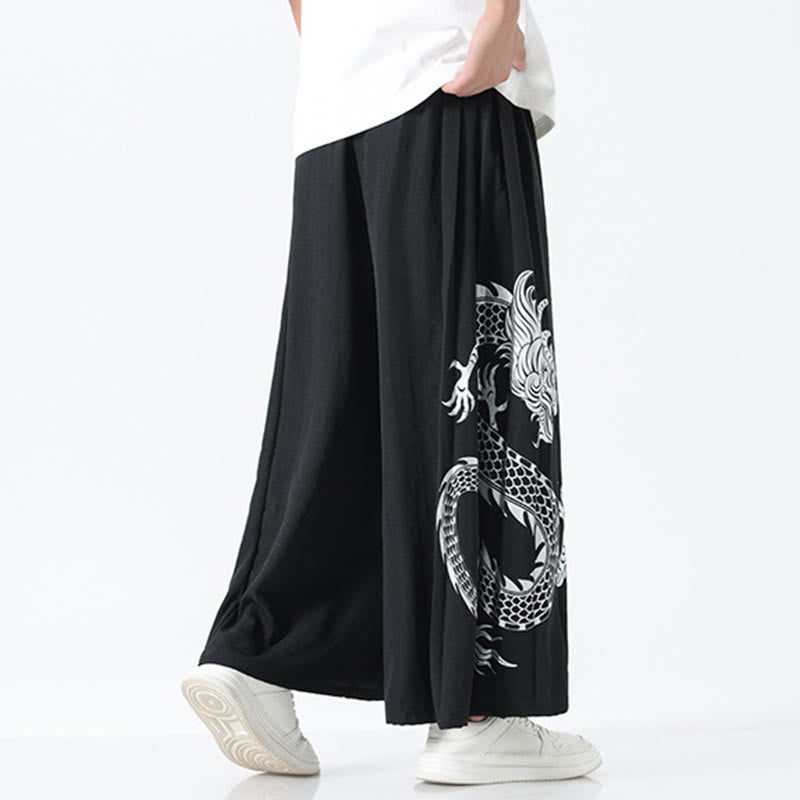 Buddha Stones Summer Dragon Drawstring Design Cotton Ankle-Length Men's Wide Leg Pants With Pockets - image 12