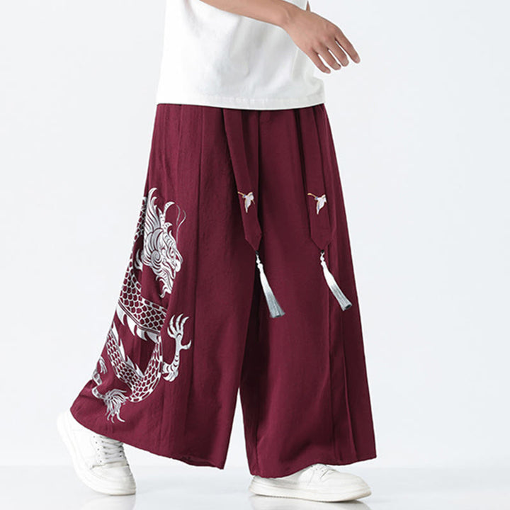 Buddha Stones Summer Dragon Drawstring Design Cotton Ankle-Length Men's Wide Leg Pants With Pockets - image 16