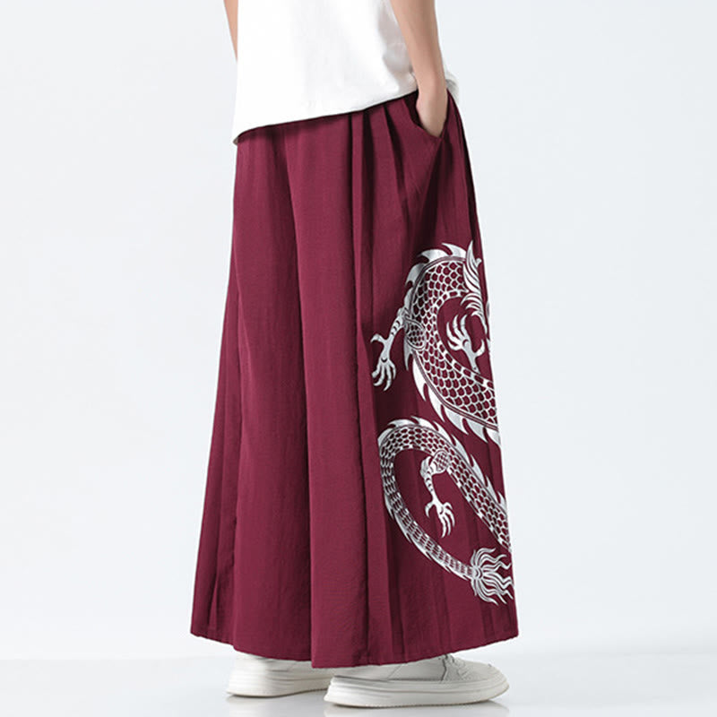 Buddha Stones Summer Dragon Drawstring Design Cotton Ankle-Length Men's Wide Leg Pants With Pockets - image 18
