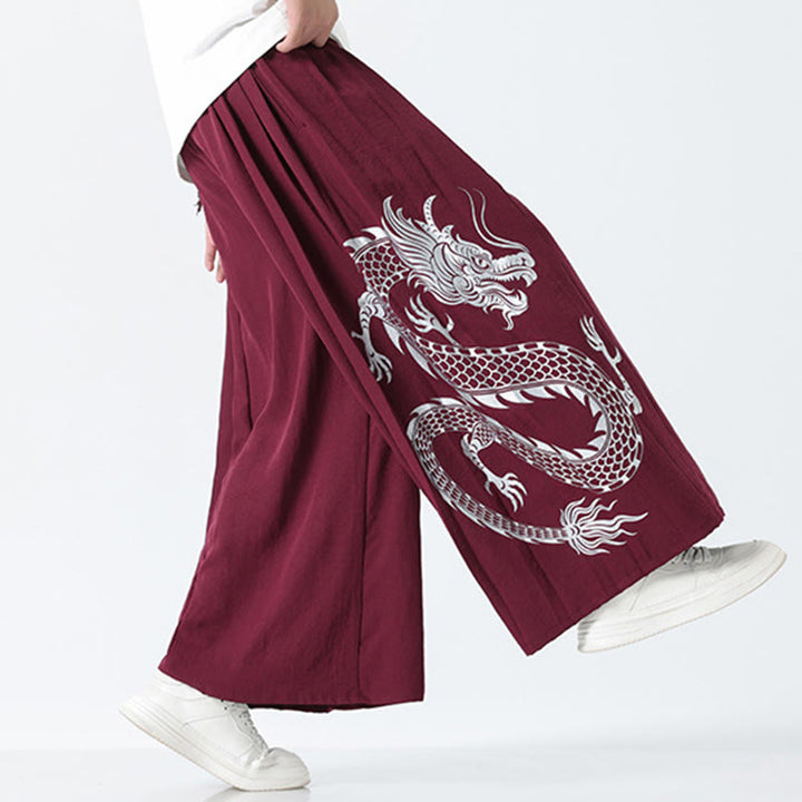 Buddha Stones Summer Dragon Drawstring Design Cotton Ankle-Length Men's Wide Leg Pants With Pockets - image 22