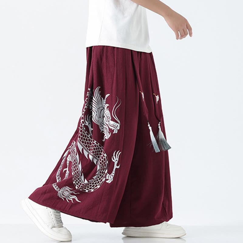 Buddha Stones Summer Dragon Drawstring Design Cotton Ankle-Length Men's Wide Leg Pants With Pockets - image 20