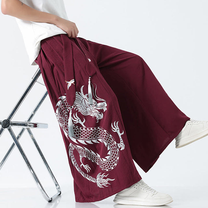 Buddha Stones Summer Dragon Drawstring Design Cotton Ankle-Length Men's Wide Leg Pants With Pockets - image 23