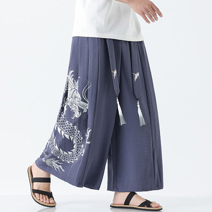 Buddha Stones Summer Dragon Drawstring Design Cotton Ankle-Length Men's Wide Leg Pants With Pockets - image 25