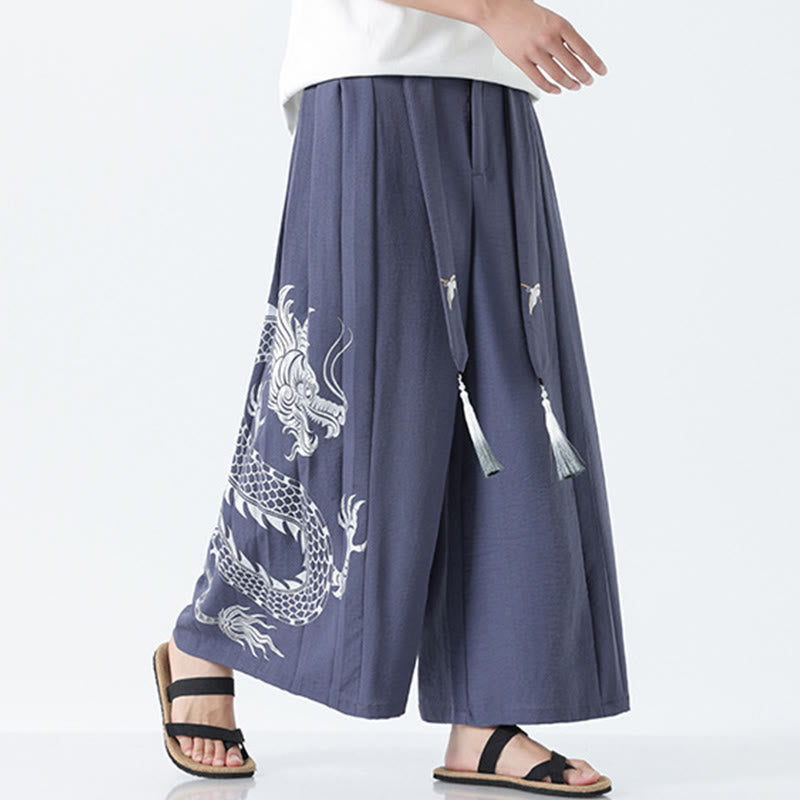 Buddha Stones Summer Dragon Drawstring Design Cotton Ankle-Length Men's Wide Leg Pants With Pockets - image 29