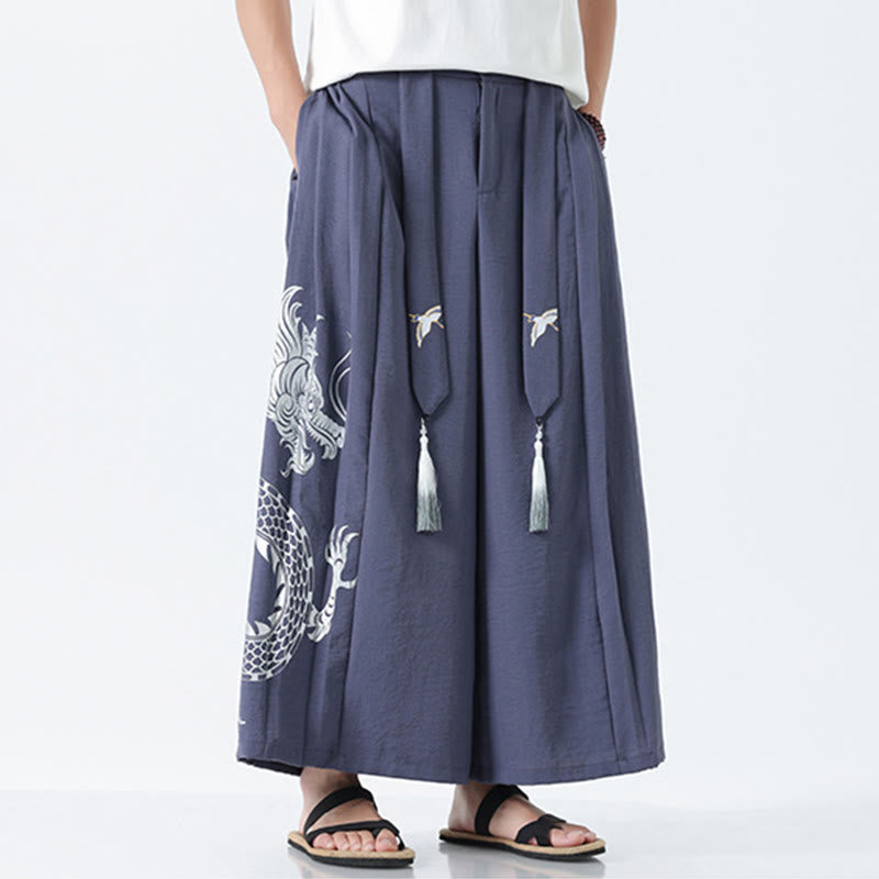 Buddha Stones Summer Dragon Drawstring Design Cotton Ankle-Length Men's Wide Leg Pants With Pockets - image 27