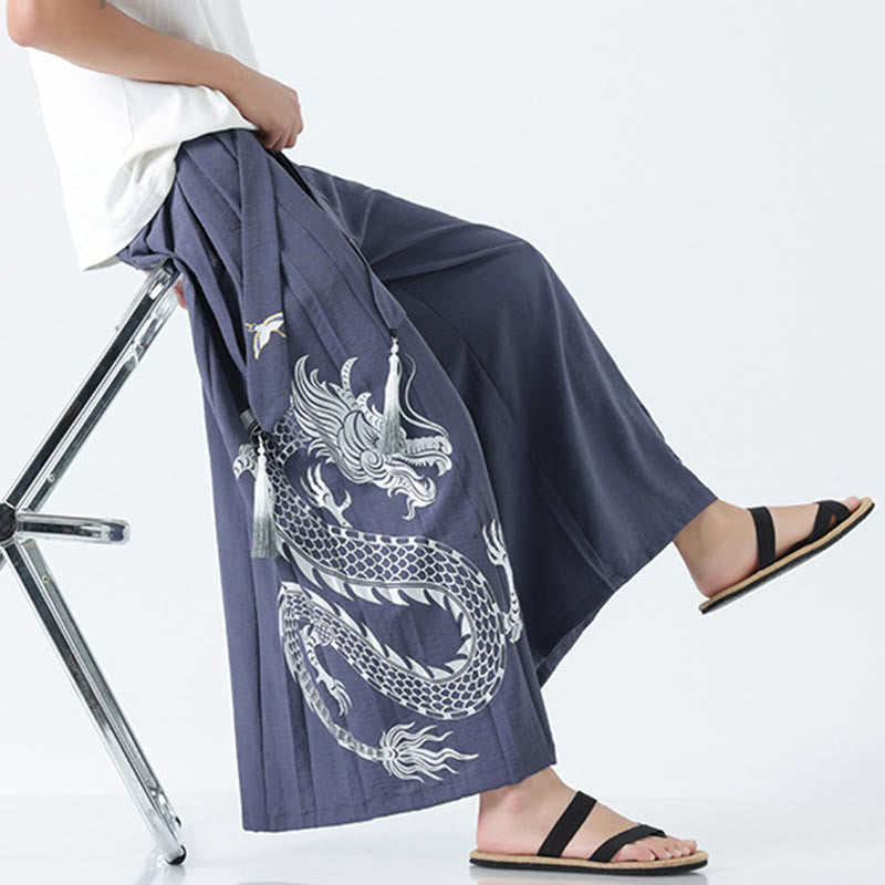 Buddha Stones Summer Dragon Drawstring Design Cotton Ankle-Length Men's Wide Leg Pants With Pockets - image 35