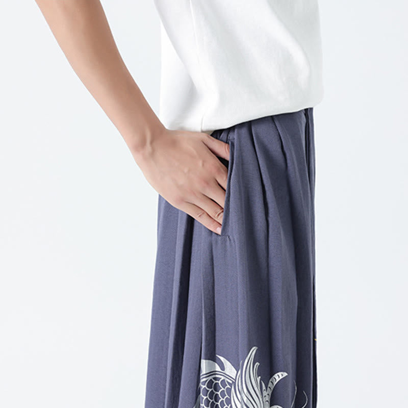 Buddha Stones Summer Dragon Drawstring Design Cotton Ankle-Length Men's Wide Leg Pants With Pockets - image 32