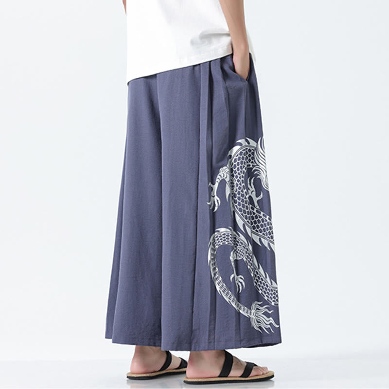 Buddha Stones Summer Dragon Drawstring Design Cotton Ankle-Length Men's Wide Leg Pants With Pockets - image 28
