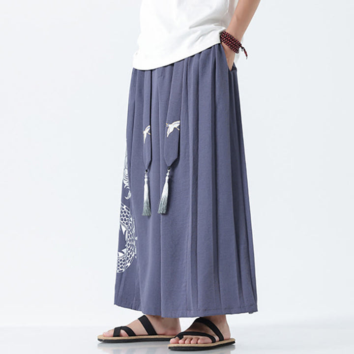 Buddha Stones Summer Dragon Drawstring Design Cotton Ankle-Length Men's Wide Leg Pants With Pockets - image 26