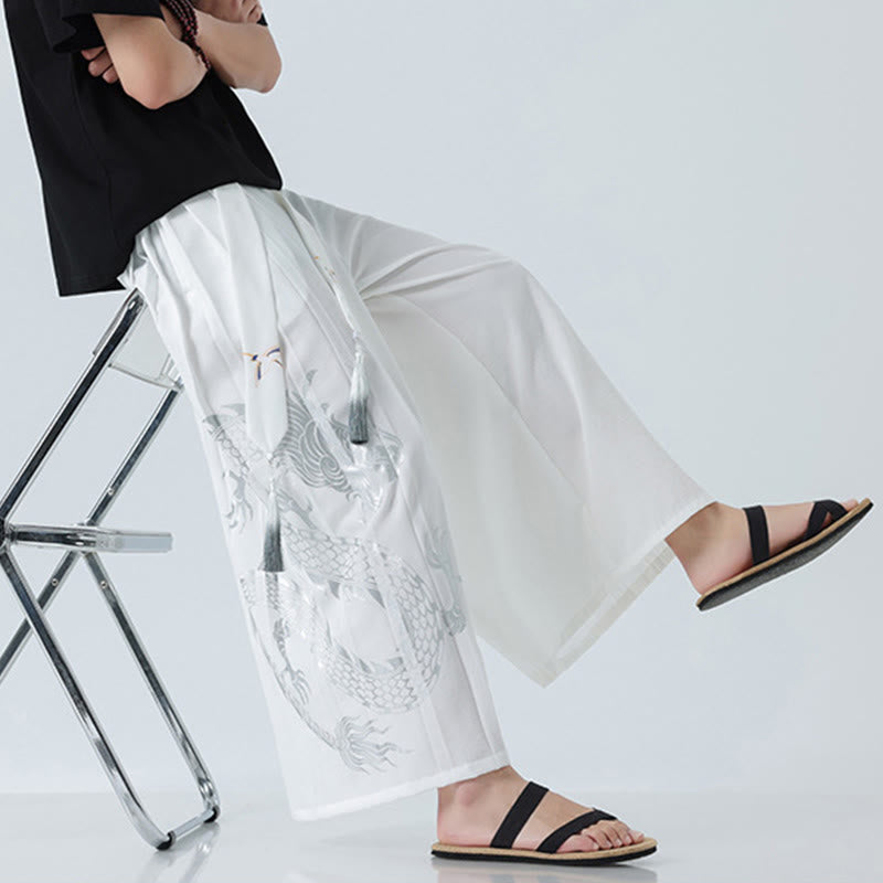 Buddha Stones Summer Dragon Drawstring Design Cotton Ankle-Length Men's Wide Leg Pants With Pockets - image 43