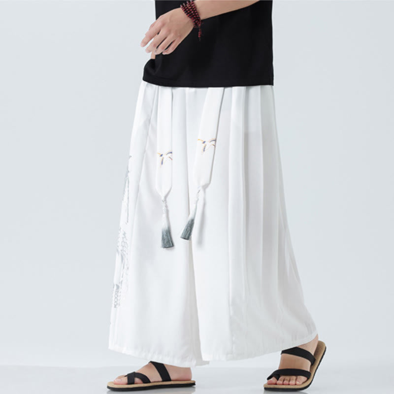 Buddha Stones Summer Dragon Drawstring Design Cotton Ankle-Length Men's Wide Leg Pants With Pockets - image 39