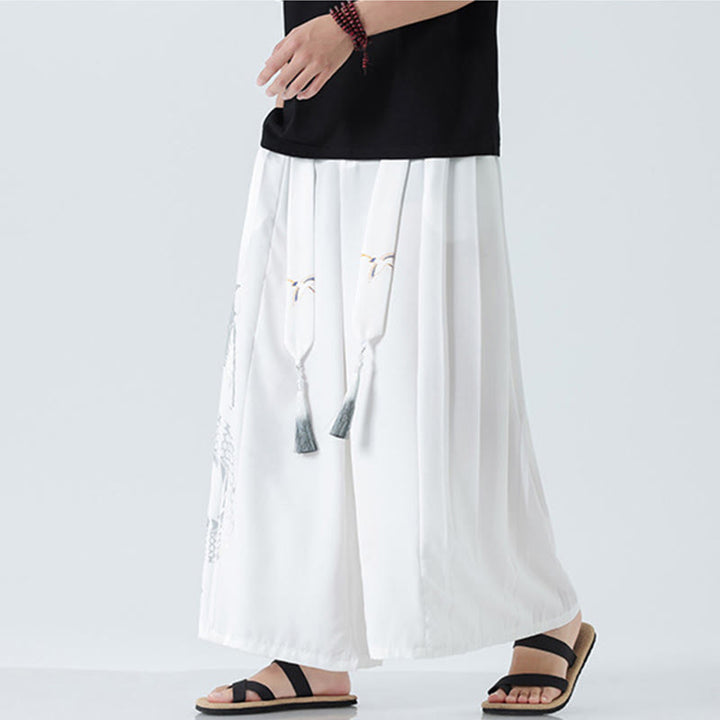 Buddha Stones Summer Dragon Drawstring Design Cotton Ankle-Length Men's Wide Leg Pants With Pockets - image 39