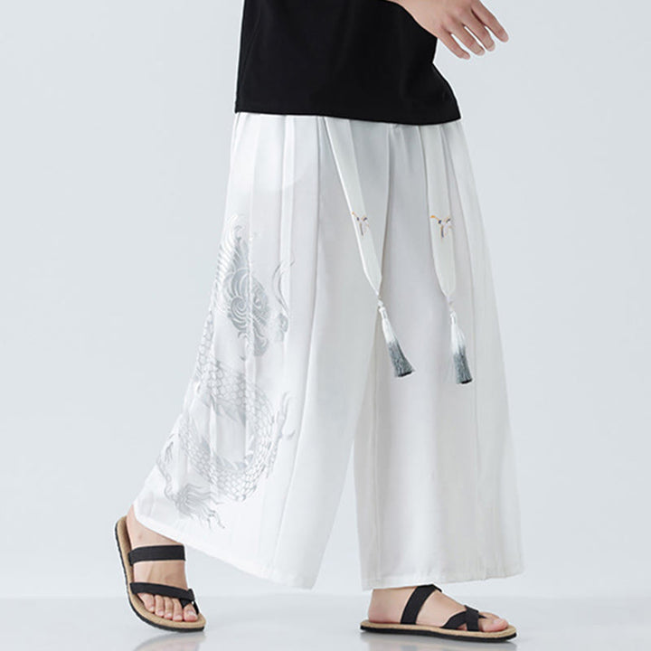 Buddha Stones Summer Dragon Drawstring Design Cotton Ankle-Length Men's Wide Leg Pants With Pockets - image 37