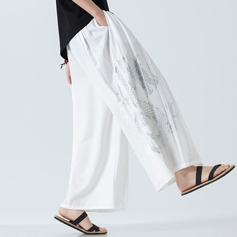 Buddha Stones Summer Dragon Drawstring Design Cotton Ankle-Length Men's Wide Leg Pants With Pockets - image 42