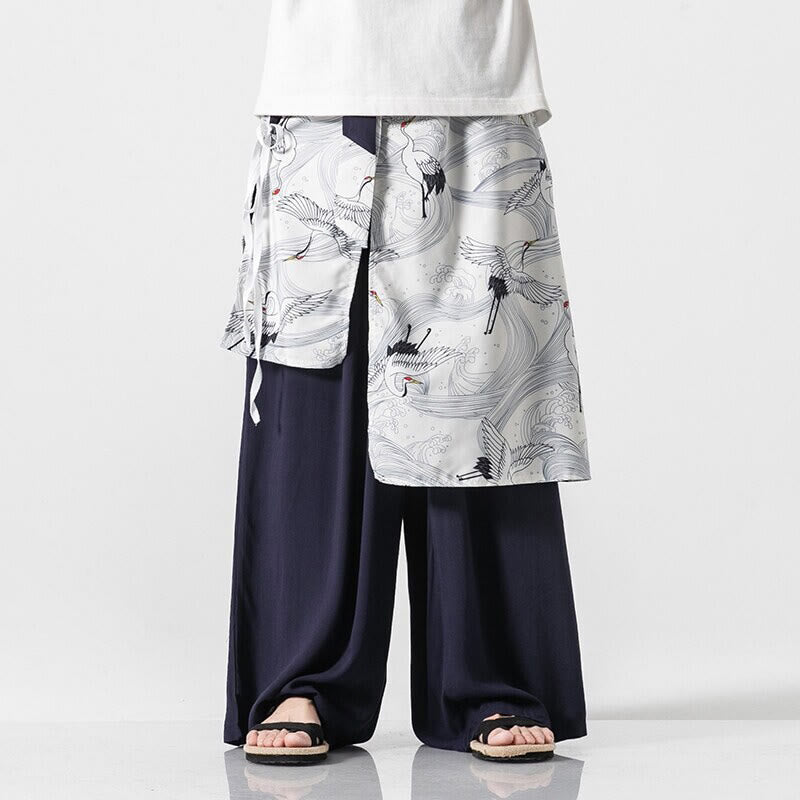Buddha Stones Summer Flying Crane Design Cotton Men's Wide Leg Pants With Pockets - SteelBlue - US/UK/AU46，EU56 (5XL) - image 0