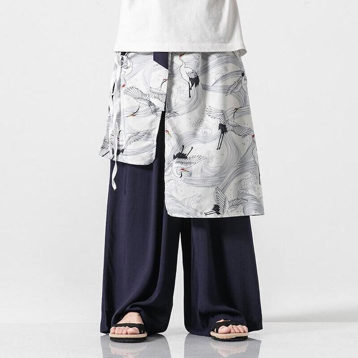 Buddha Stones Summer Flying Crane Design Cotton Men's Wide Leg Pants With Pockets - SteelBlue - US/UK/AU46，EU56 (5XL) - image 0