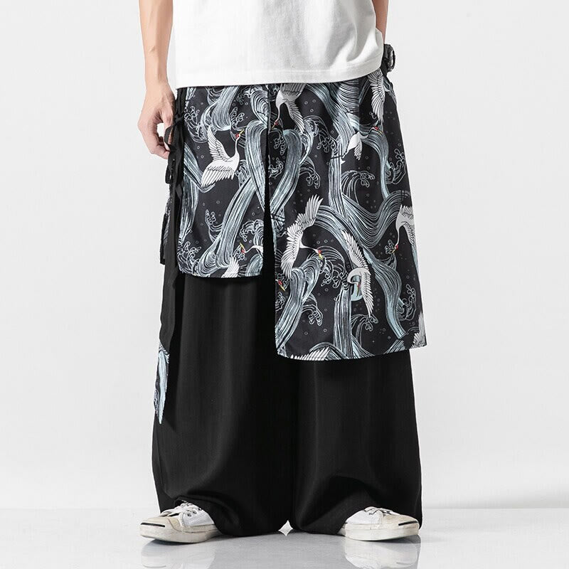 Buddha Stones Summer Flying Crane Design Cotton Men's Wide Leg Pants With Pockets - Black - US/UK/AU46，EU56 (5XL) - image 23