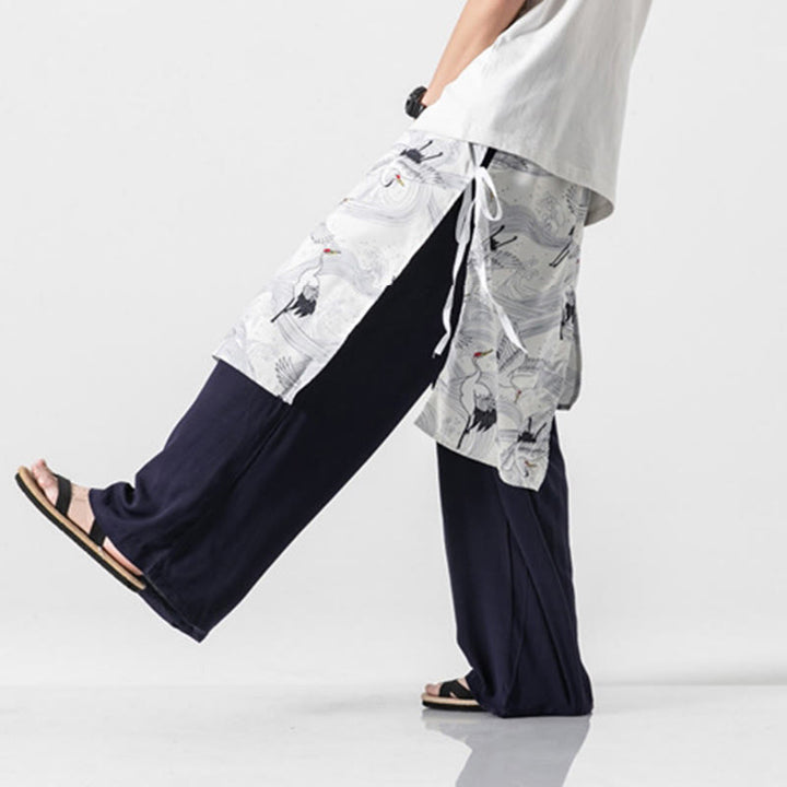 Buddha Stones Summer Flying Crane Design Cotton Men's Wide Leg Pants With Pockets - image 9