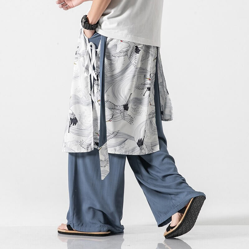 Buddha Stones Summer Flying Crane Design Cotton Men's Wide Leg Pants With Pockets - image 11
