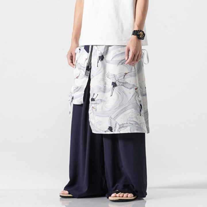 Buddha Stones Summer Flying Crane Design Cotton Men's Wide Leg Pants With Pockets - image 7