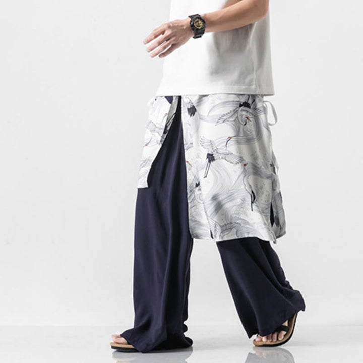 Buddha Stones Summer Flying Crane Design Cotton Men's Wide Leg Pants With Pockets - image 2