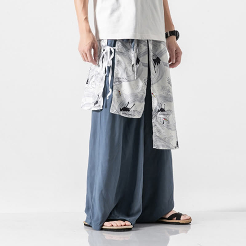 Buddha Stones Summer Flying Crane Design Cotton Men's Wide Leg Pants With Pockets - image 12