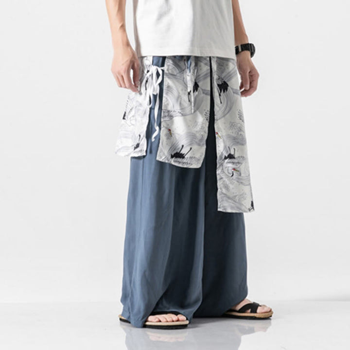 Buddha Stones Summer Flying Crane Design Cotton Men's Wide Leg Pants With Pockets - image 12