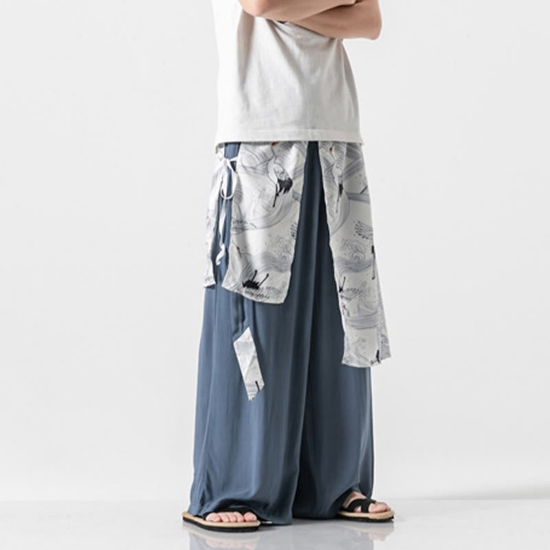 Buddha Stones Summer Flying Crane Design Cotton Men's Wide Leg Pants With Pockets - image 19