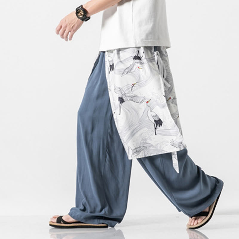 Buddha Stones Summer Flying Crane Design Cotton Men's Wide Leg Pants With Pockets - image 13