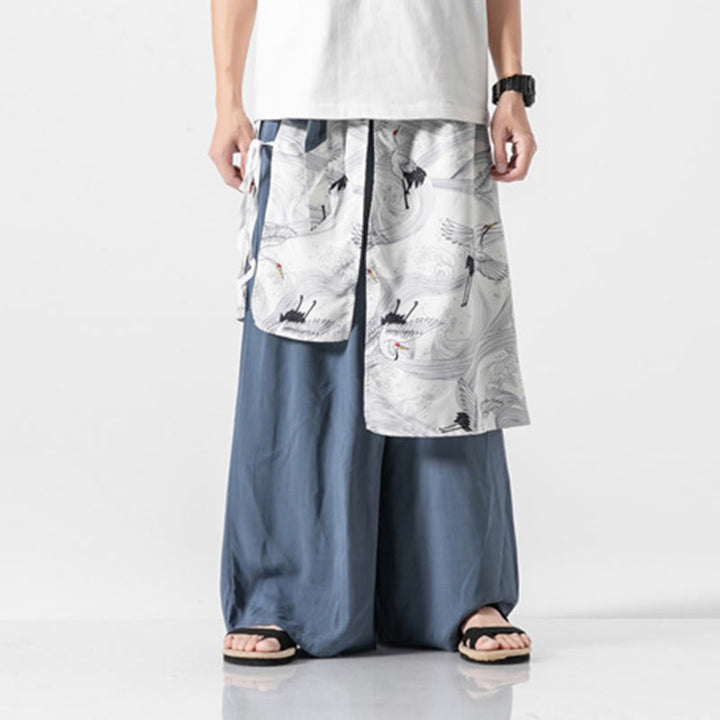 Buddha Stones Summer Flying Crane Design Cotton Men's Wide Leg Pants With Pockets - image 14