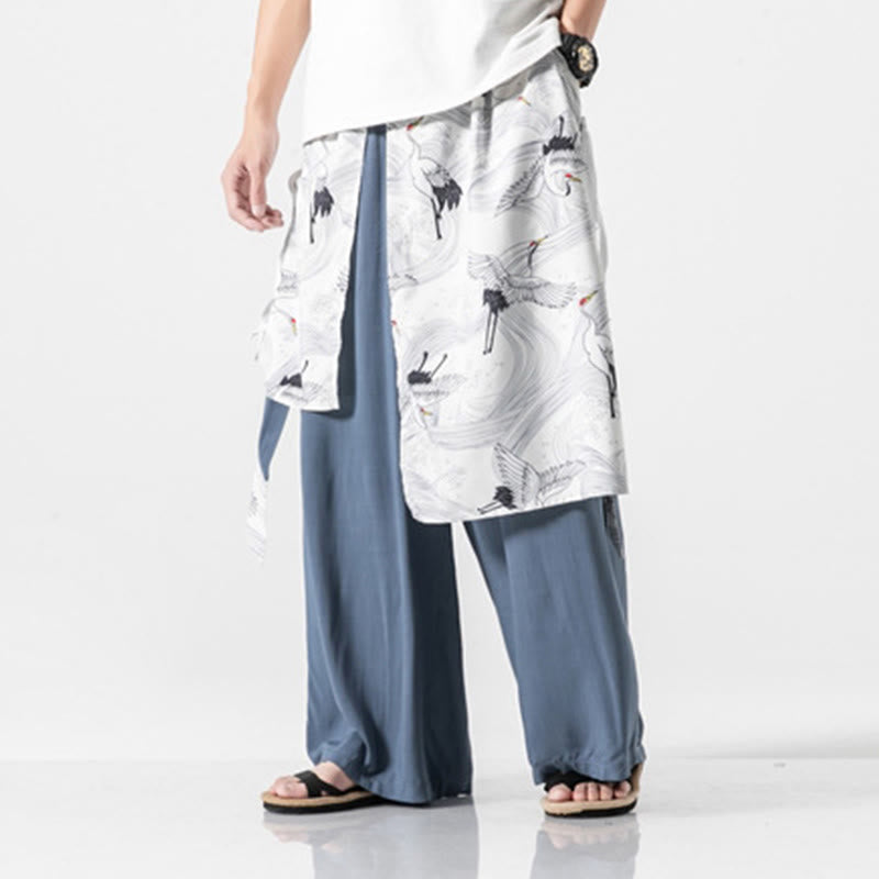 Buddha Stones Summer Flying Crane Design Cotton Men's Wide Leg Pants With Pockets - image 18