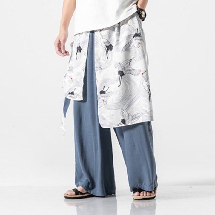 Buddha Stones Summer Flying Crane Design Cotton Men's Wide Leg Pants With Pockets - image 18