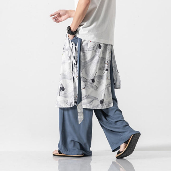 Buddha Stones Summer Flying Crane Design Cotton Men's Wide Leg Pants With Pockets - image 17