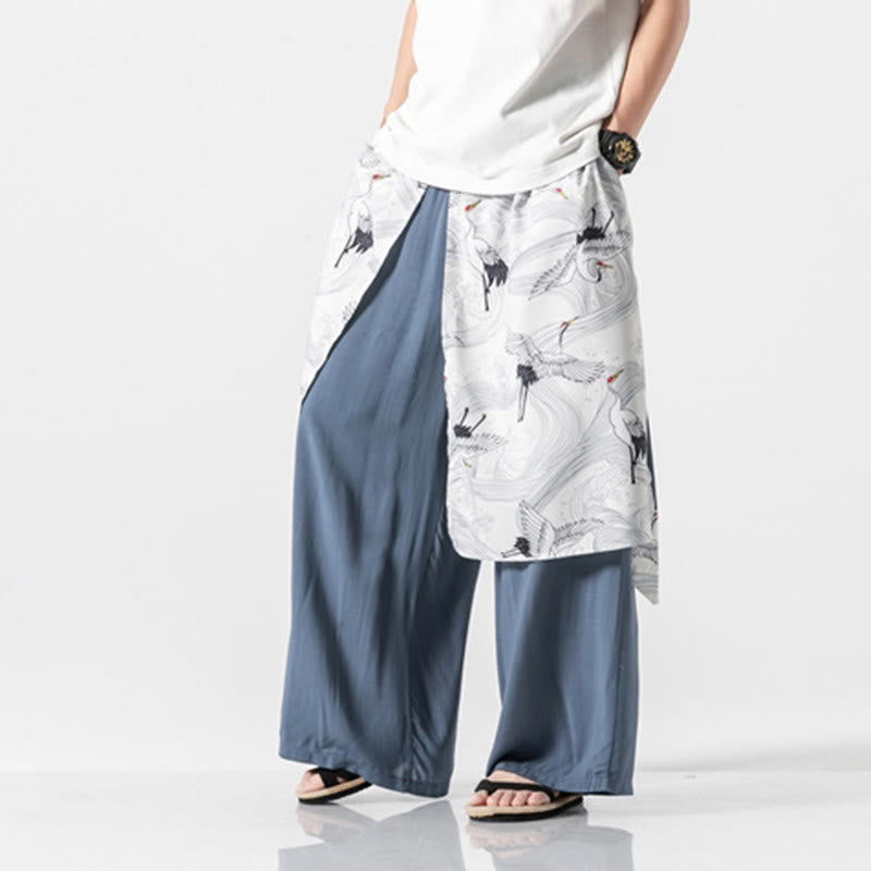 Buddha Stones Summer Flying Crane Design Cotton Men's Wide Leg Pants With Pockets - image 21