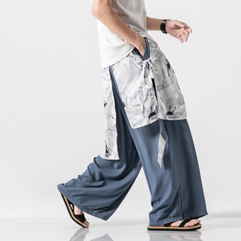 Buddha Stones Summer Flying Crane Design Cotton Men's Wide Leg Pants With Pockets - image 16