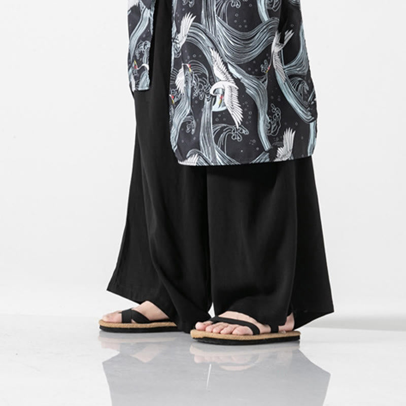 Buddha Stones Summer Flying Crane Design Cotton Men's Wide Leg Pants With Pockets - image 37