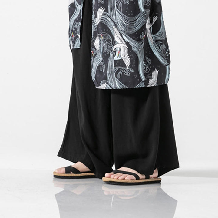 Buddha Stones Summer Flying Crane Design Cotton Men's Wide Leg Pants With Pockets - image 37