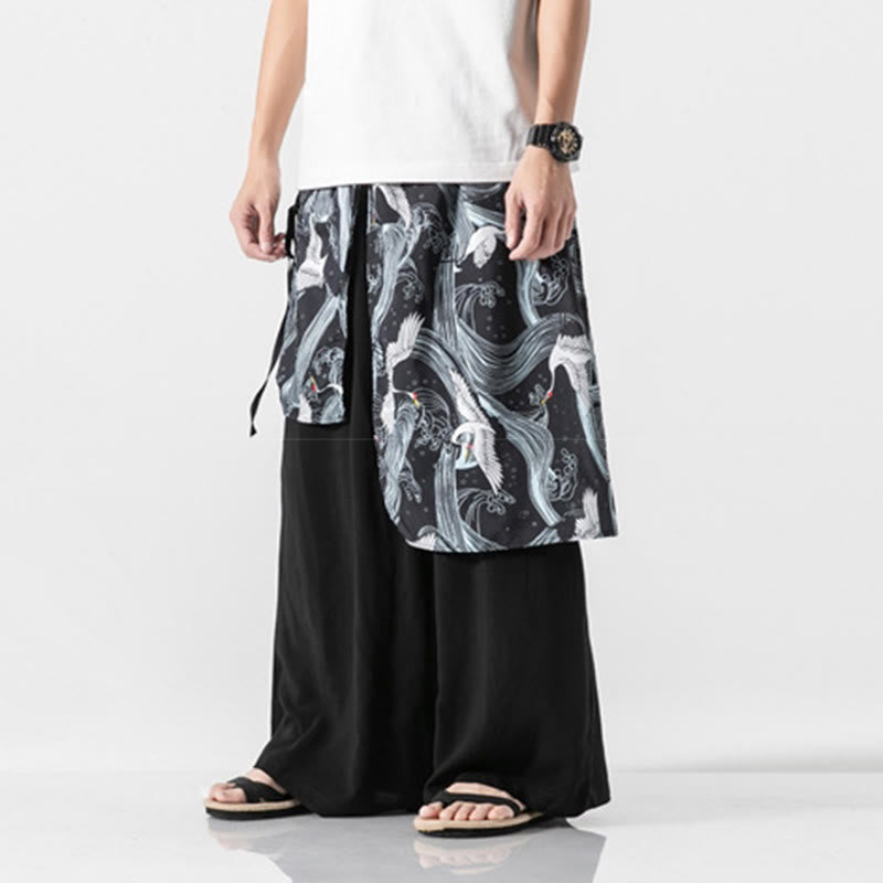 Buddha Stones Summer Flying Crane Design Cotton Men's Wide Leg Pants With Pockets - image 25