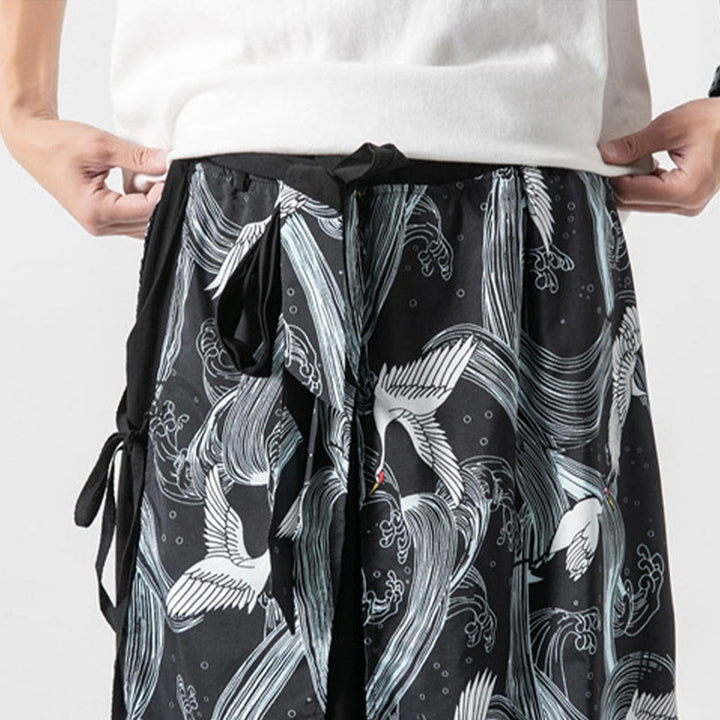 Buddha Stones Summer Flying Crane Design Cotton Men's Wide Leg Pants With Pockets - image 34