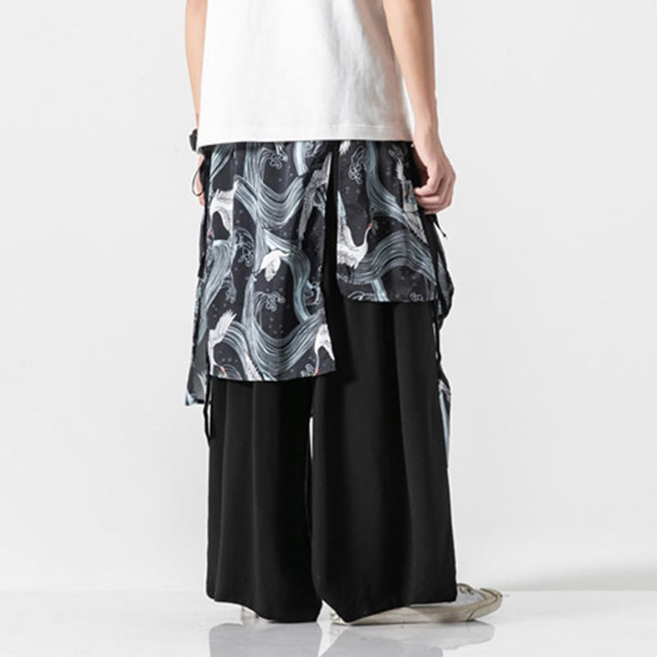Buddha Stones Summer Flying Crane Design Cotton Men's Wide Leg Pants With Pockets - image 27