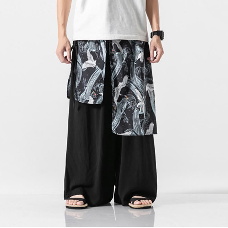 Buddha Stones Summer Flying Crane Design Cotton Men's Wide Leg Pants With Pockets - image 29